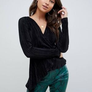 ASOS Size 12 Black Long Sleeve Wrap Top in Plisse with Asymmetric Hem